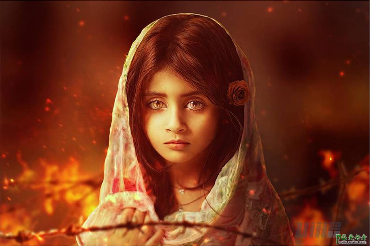 PS人物特效海报设计：打造燃烧火焰背景中的忧伤小女孩儿海报图片
