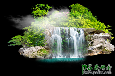 Photoshop创意合成在灯泡中呈现出的唯美山水瀑布场景图片。