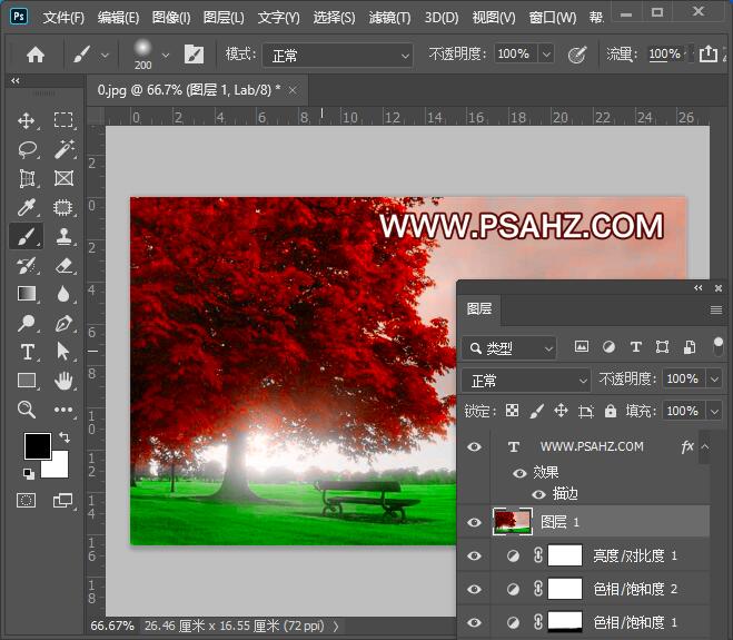 PS风景照调色教程：利用LAB模式把绿色枫树照片变成火红的效果。