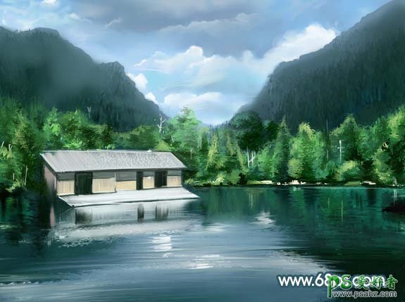 PS鼠绘教程：绘制漂亮的青山绿水风景画失量素材图片教程