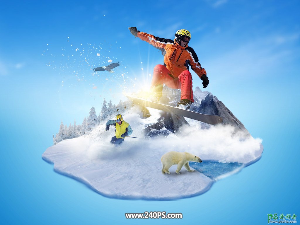 Photoshop创意合成腾云驾雾般的冬季滑雪场景特效图片。
