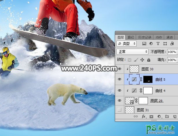Photoshop创意合成腾云驾雾般的冬季滑雪场景特效图片。