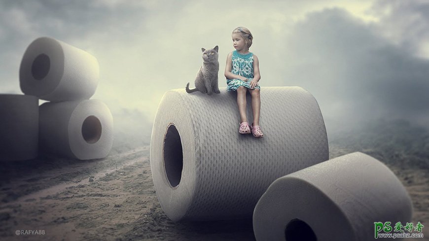 PS场景合成：打造一幅猫与小女孩儿坐在巨大纸巾上玩耍的秘境场景