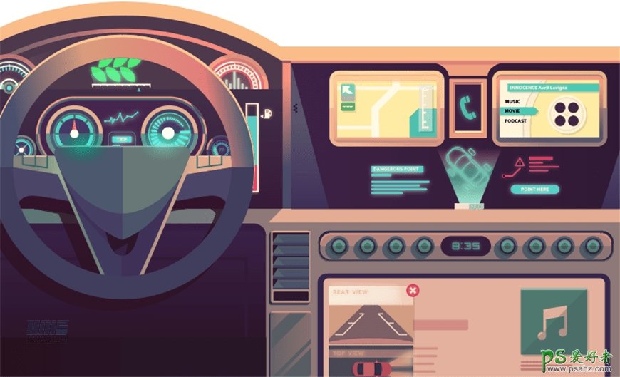 Illustrator新手教程：学习绘制科技感十足的汽车内饰场景图片。