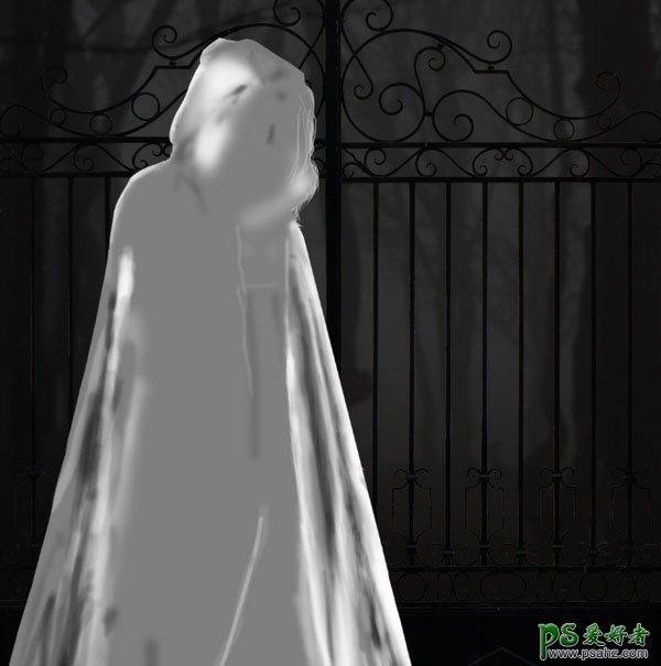 Photoshop合成一幅地狱铁门前恐怖的美女幽灵场景图片