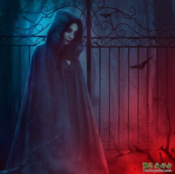 Photoshop合成一幅地狱铁门前恐怖的美女幽灵场景图片