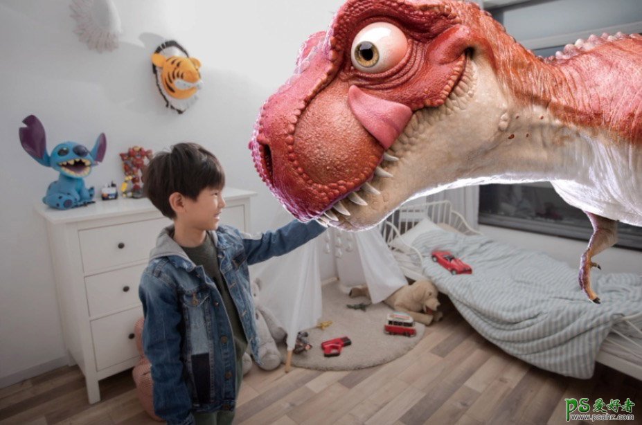 PS科幻场景合成实例：打造霸王龙闯入室内，小男孩触摸恐龙的场景