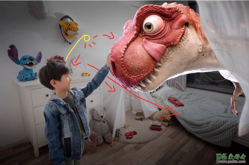 PS科幻场景合成实例：打造霸王龙闯入室内，小男孩触摸恐龙的场景