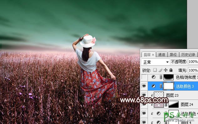 Photoshop给草场上自拍的少女艺术照调出梦幻的青红色，霞光色彩