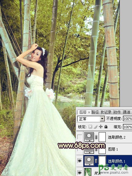 PS调色教程：给竹林中的柔美少女婚纱艺术照调出暖色效果
