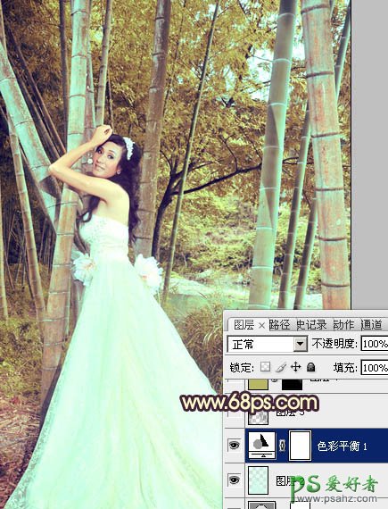 PS调色教程：给竹林中的柔美少女婚纱艺术照调出暖色效果