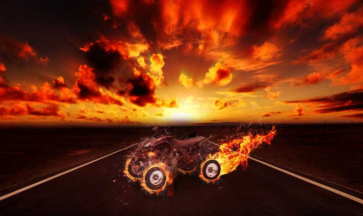 Photoshop合成熊熊燃烧的沙滩摩托车，烈火战车、火焰摩托车