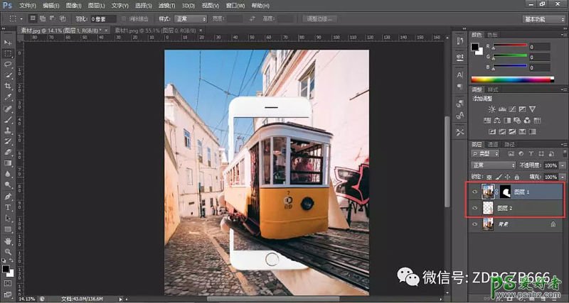 Photoshop简单合成从手机屏幕中开出来的电车，画面中窜出的电车