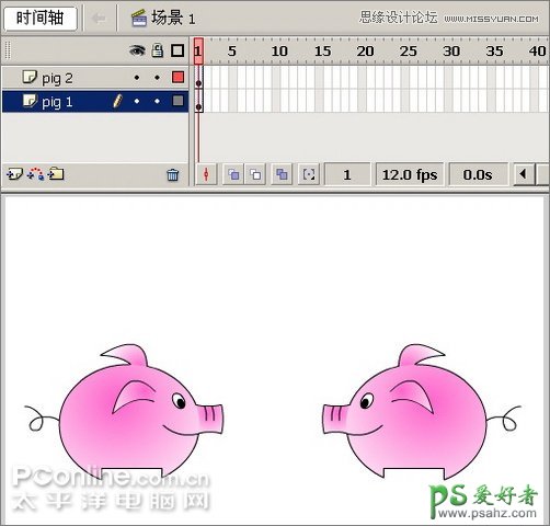 Flash动画教程：学习制作可爱有趣的亲嘴猪动画图片，小猪亲嘴。