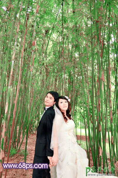 photoshop调出蓝紫色竹林里的情侣婚片