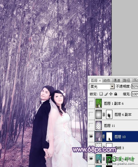 photoshop调出蓝紫色竹林里的情侣婚片