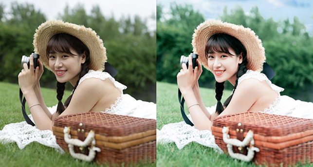 PS女生照片调色实例：给外景草坪上自拍的女生照片调出小清新效果