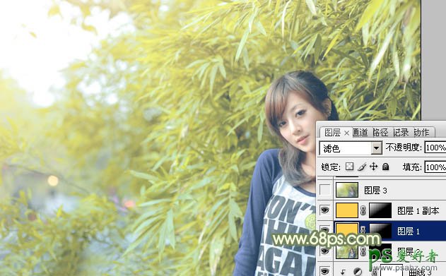 Photoshop给竹林中小女孩的性感艺术照调出淡调黄绿色