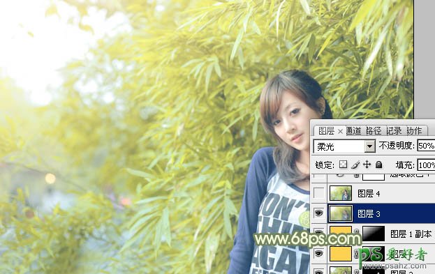 Photoshop给竹林中小女孩的性感艺术照调出淡调黄绿色