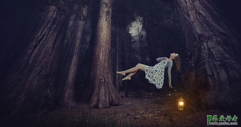 Photoshop人像合成教程：创意合成漂浮在半空中睡觉的少女精灵。