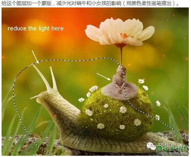 PhotosHop创意合成意境梦幻童话世界里坐在蜗牛上的小花仙子
