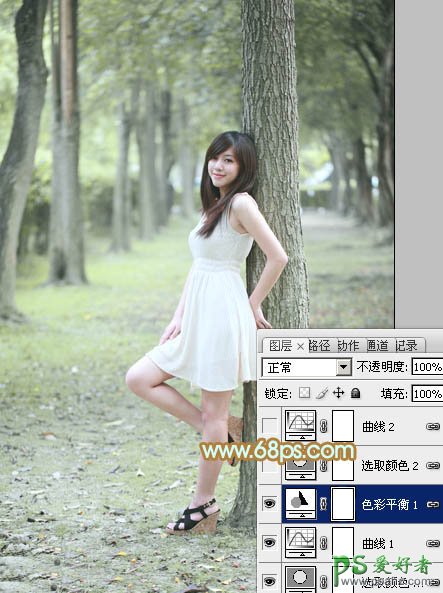 Ps图片处理教程：给树林中的美女照调出青色的图片效果