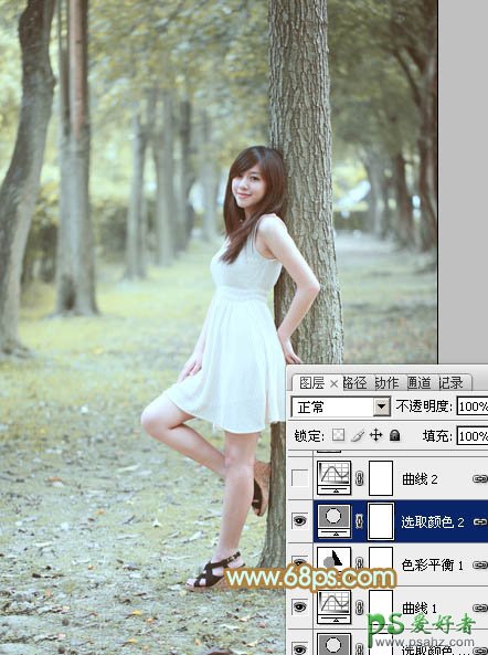 Ps图片处理教程：给树林中的美女照调出青色的图片效果