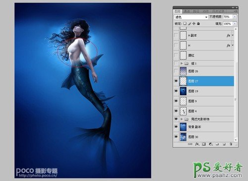 Photoshop创意合成海洋中的蓝色美人鱼，奇幻人鱼小姐姐。
