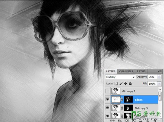 photoshop把个性美女头像制作成黑白水彩画效果