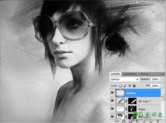 photoshop把个性美女头像制作成黑白水彩画效果