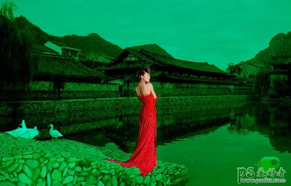 photoshop调出个性的墨绿色红裙美女艺术照
