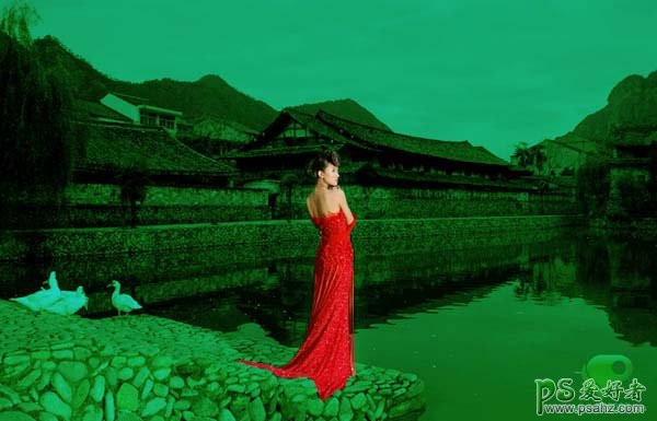 photoshop调出个性的墨绿色红裙美女艺术照