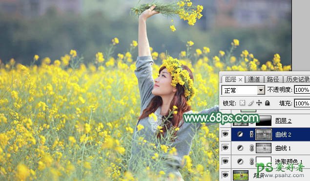 Photoshop给油菜花地里自拍的漂亮女生艺术照调出黄色甜美的色彩