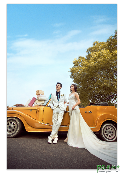 Photoshop给老爷车前外拍的情侣婚纱照调出高清明亮的色彩