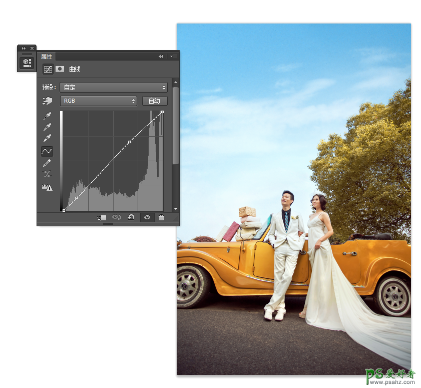 Photoshop给老爷车前外拍的情侣婚纱照调出高清明亮的色彩