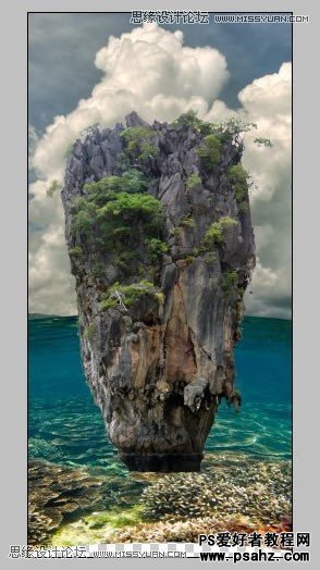 Photoshop创意合成飘在海上的许愿瓶和淹没的海岛