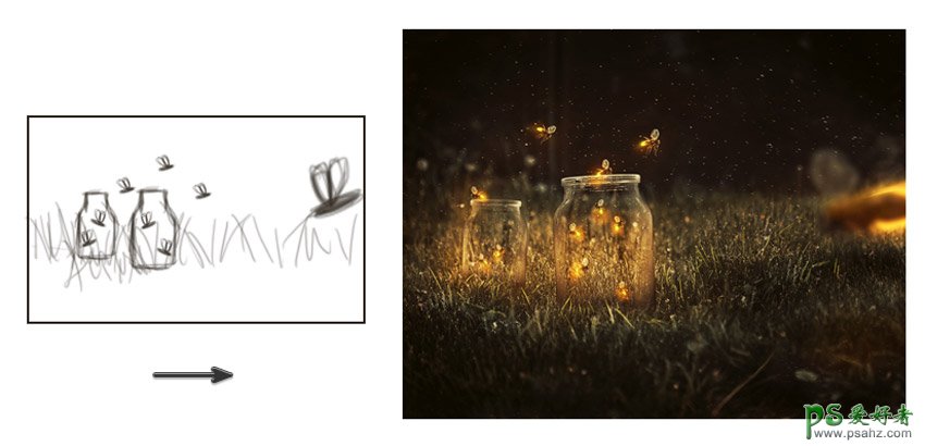 国外ps合成实例：创意打造草地上飞舞的唯美萤火虫美景，浪漫星空
