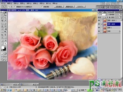 ps照片转油画教程：把一束漂亮的鲜花照片制作出逼真油画特效。