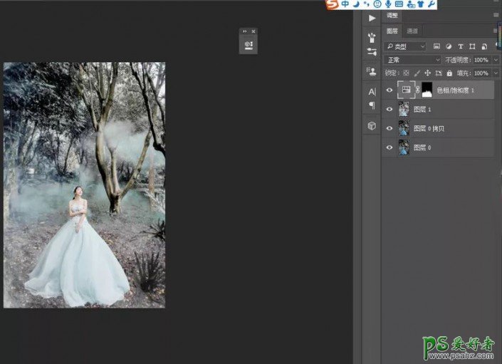PS婚纱后期调色实例：给树林里拍摄的少女婚纱照调出惊艳冷色效果
