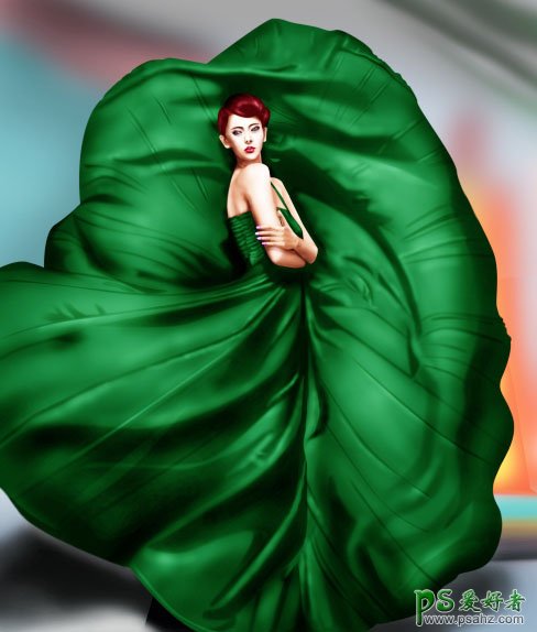 打造身穿飘逸绿裙的美少女艺术插画 PS鼠绘教程