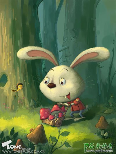 手绘梦幻森林里采蘑菇的小兔子精灵插画作品 PS鼠绘教程
