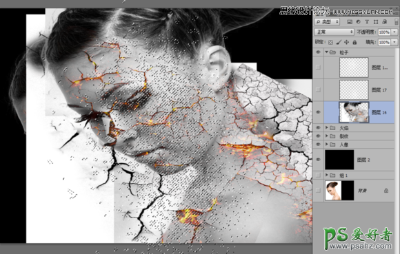 ps美女头像合成教程：创意合成碎裂打散效果的火焰美女头像