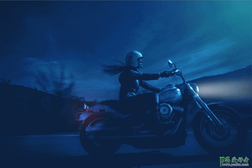PS照片美化教程：给白天拍摄的美女摩托骑手照片变成黑夜灯光效果
