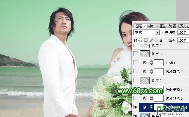 photoshop调出嫩绿色海景情侣婚纱照