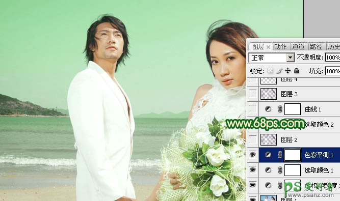 photoshop调出嫩绿色海景情侣婚纱照