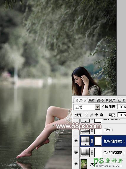Photoshop给水池边戏水的光脚妹妹写真图片调出梦幻的中性色彩