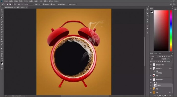 Photoshop创意合成“热气腾腾”的咖啡闹钟，个性闹钟特效图片。
