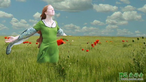 PS人像合成教程：创意打造陶醉在草原上的美丽少女油画效果
