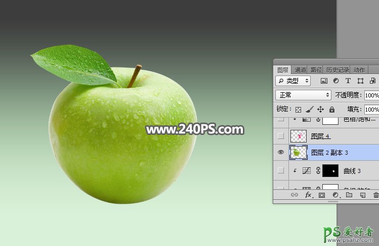 Photoshop合成液体喷溅效果的青苹果特效图片，动感喷溅青苹果。