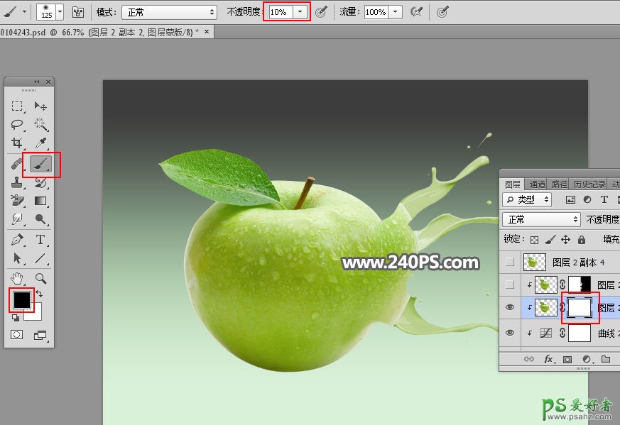 Photoshop合成液体喷溅效果的青苹果特效图片，动感喷溅青苹果。